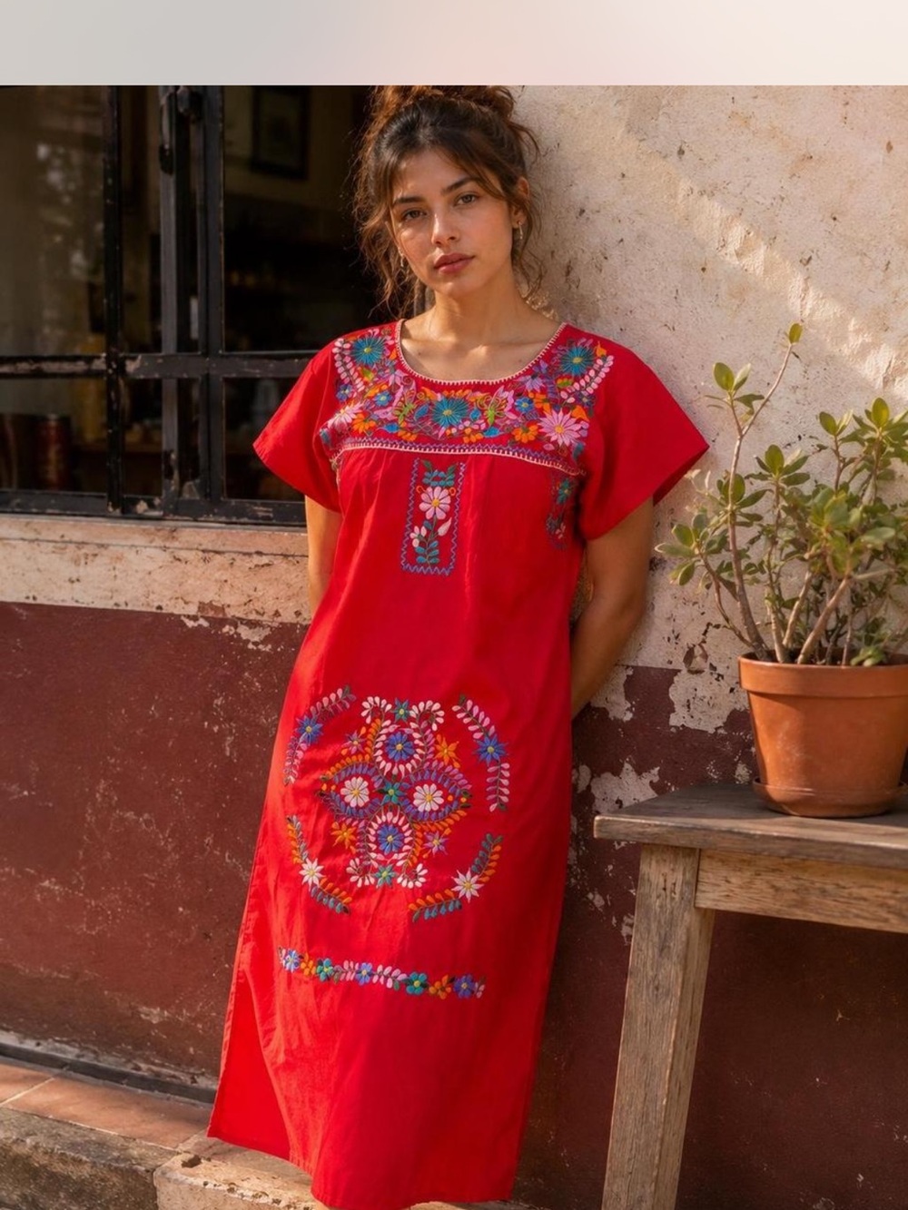 Hand Embroidered Oaxaca Mexican Floral Red Midi Dress Boho Artisan Folk